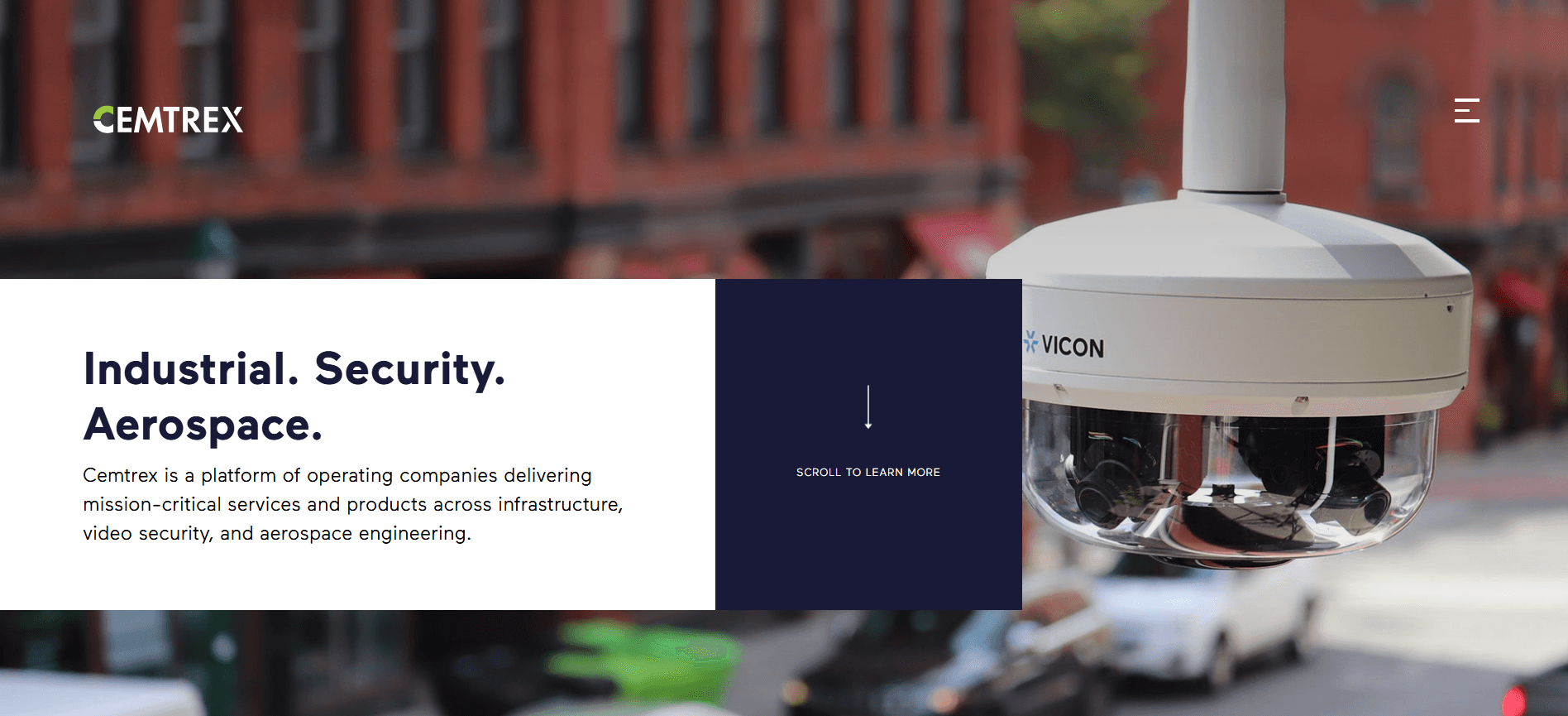 A CXR Agency client site — a full-bleed photograph of a street-mounted security camera, with the client's industrial, security and aerospace positioning statement set in a panel across the lower half