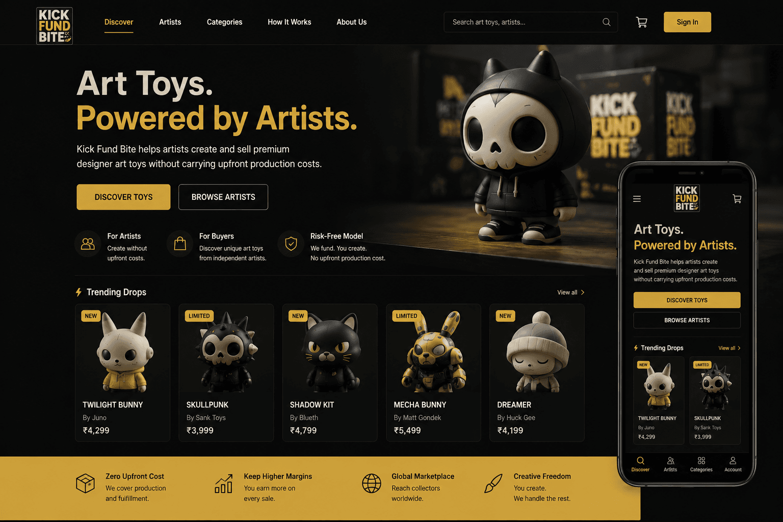 The Kick Fund Bite storefront on desktop and mobile — an art-toy marketplace hero over a collectible figure, above a trending drops row of product cards showing artist and price