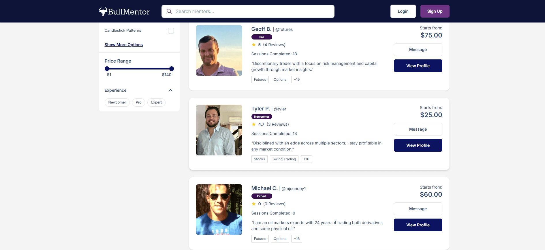 BullMentor's mentor search results — price and experience filters beside a list of mentor cards showing photo, rating, sessions completed and starting rate