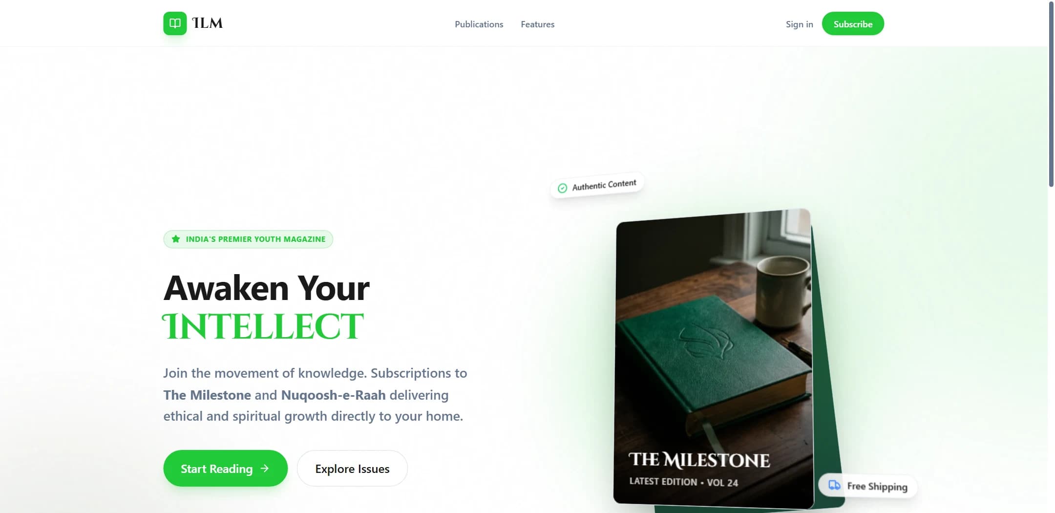 The Ilm subscription homepage — an "Awaken Your Intellect" hero with reading and issue-browsing calls to action, alongside a photograph of the latest printed edition