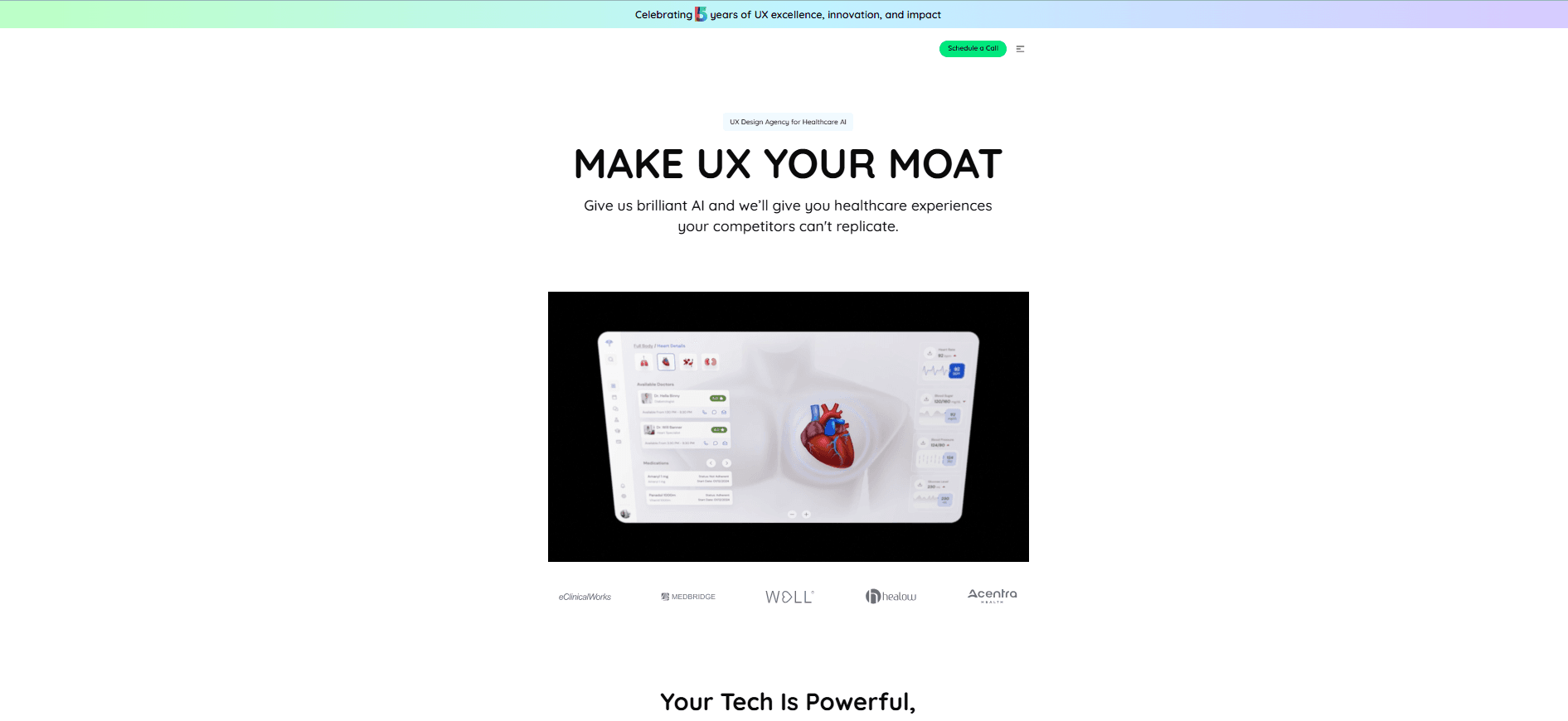The Koru homepage — a centered agency positioning headline above a dark product still of a healthcare dashboard, followed by a row of client logos