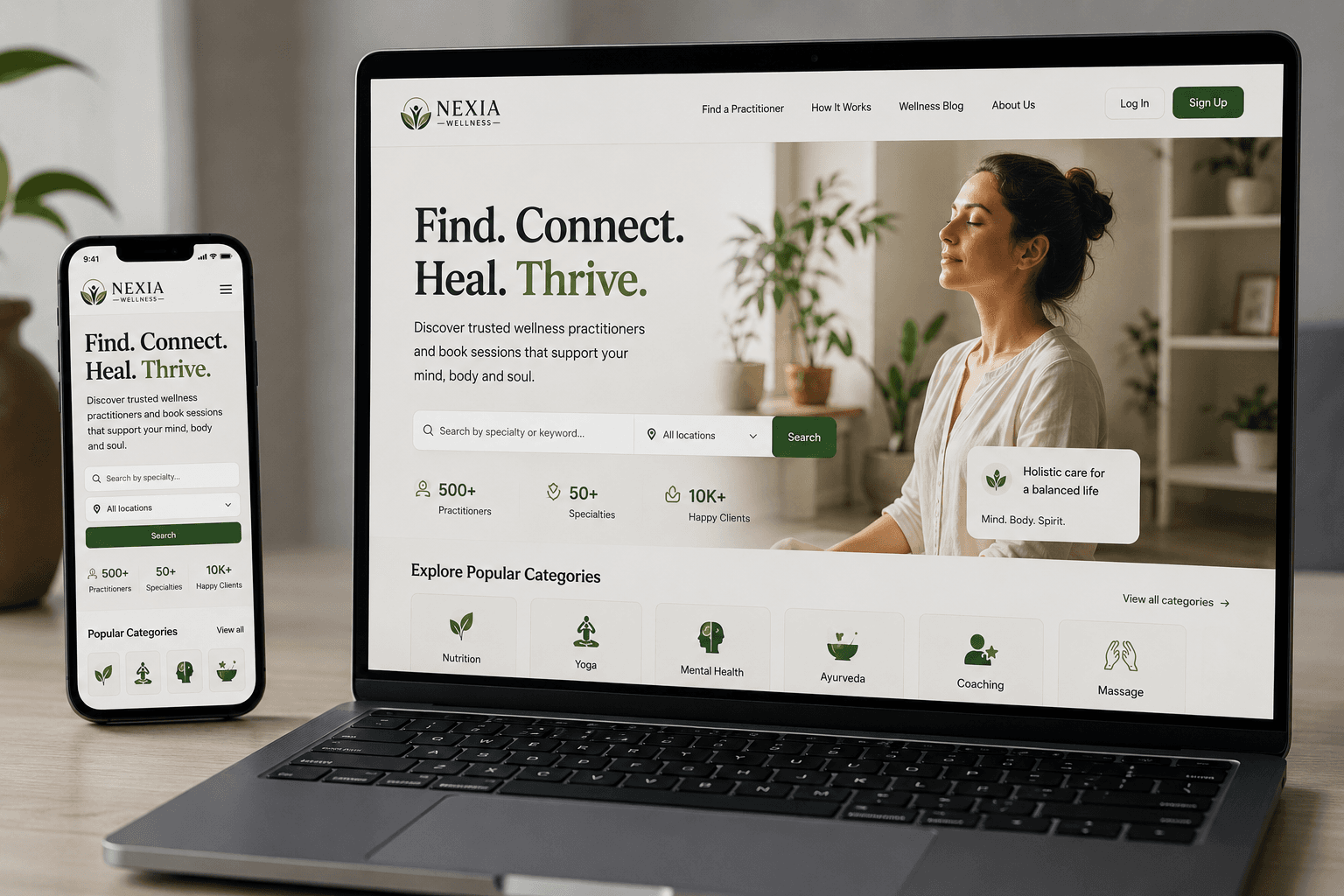 The Nexia Wellness homepage on a laptop and phone — a practitioner search over the hero, headline counts for practitioners and clients, and a row of wellness category tiles