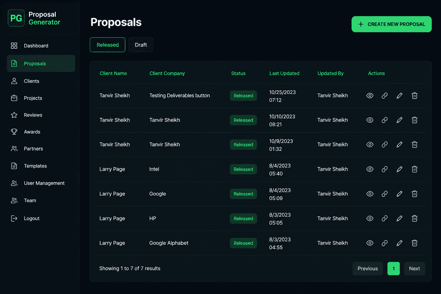 The Proposal Generator dashboard — a dark admin layout with a section sidebar and a table of proposals listing client, status, last updated and per-row actions, split between released and draft